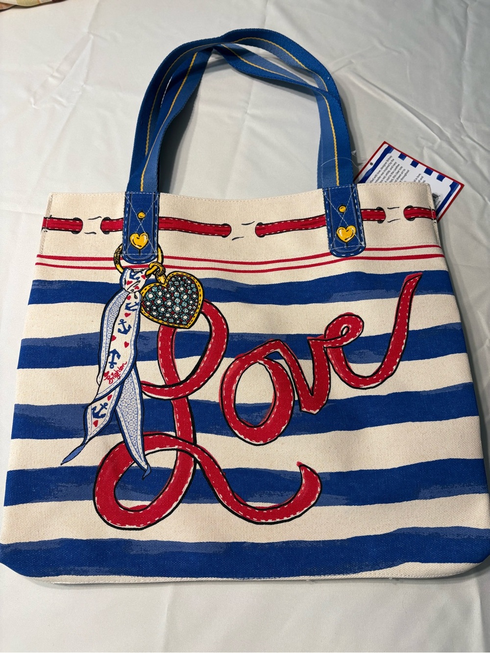 Brighton Blue & White Striped 'Love' Canvas Tote Bag with Red Accents - Picture 2 of 7